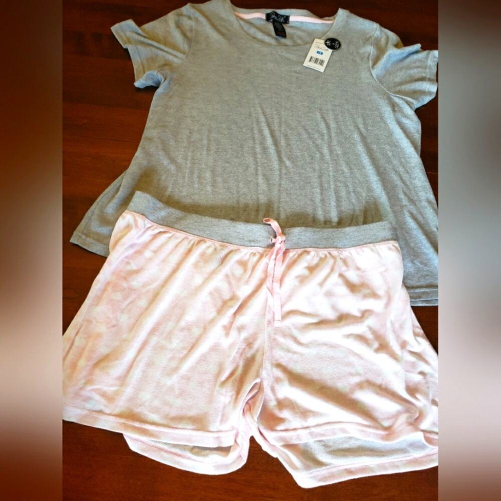 Rene Rofe Pajama Set Womens 1X Gray Pink Polka Dot Short Sleeve Sleepwear MAR52